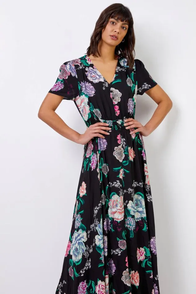 Black Floral Print Shirred Waist Maxi Dress Women Roman Dresses