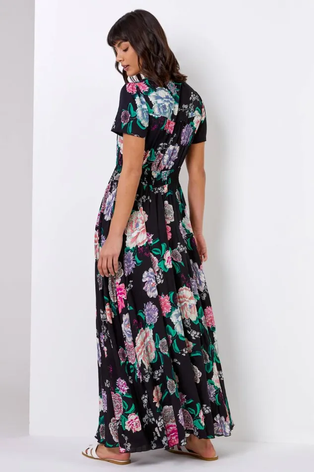 Black Floral Print Shirred Waist Maxi Dress Women Roman Dresses
