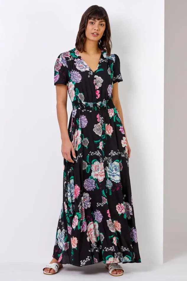 Black Floral Print Shirred Waist Maxi Dress Women Roman Dresses