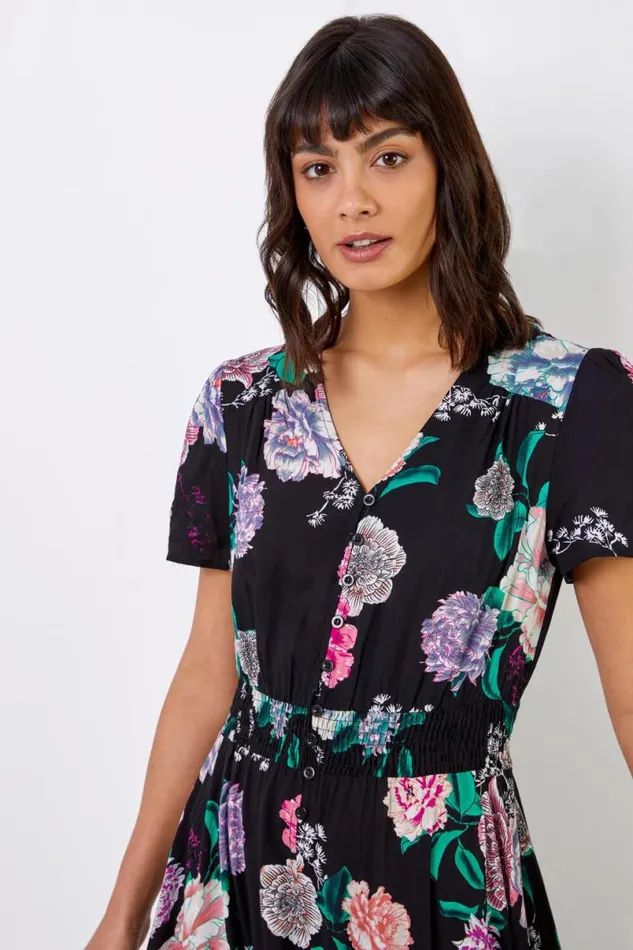 Black Floral Print Shirred Waist Maxi Dress Women Roman Dresses