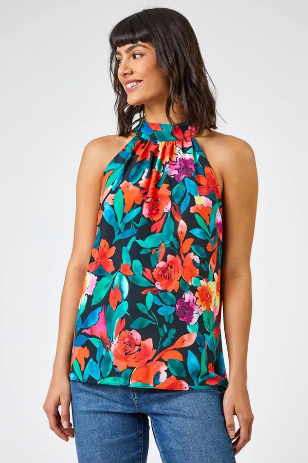 Black Floral Print Tie Detail Blouse Women Roman Tops