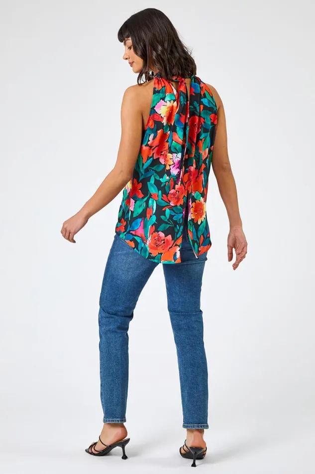 Black Floral Print Tie Detail Blouse Women Roman Tops