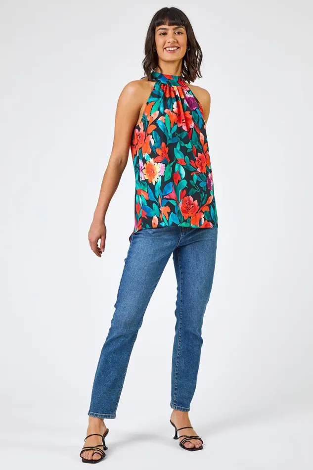 Black Floral Print Tie Detail Blouse Women Roman Tops