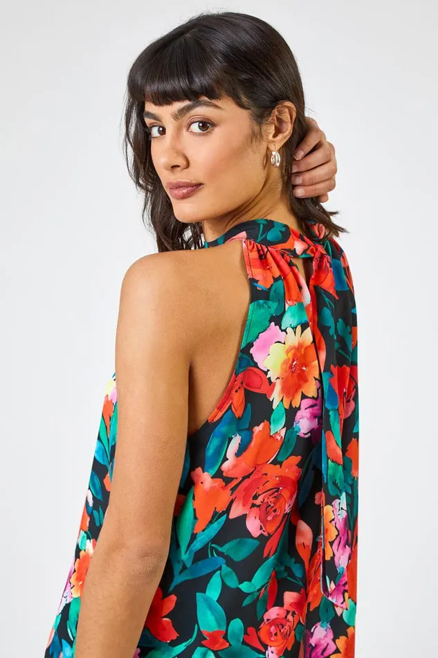 Black Floral Print Tie Detail Blouse Women Roman Tops