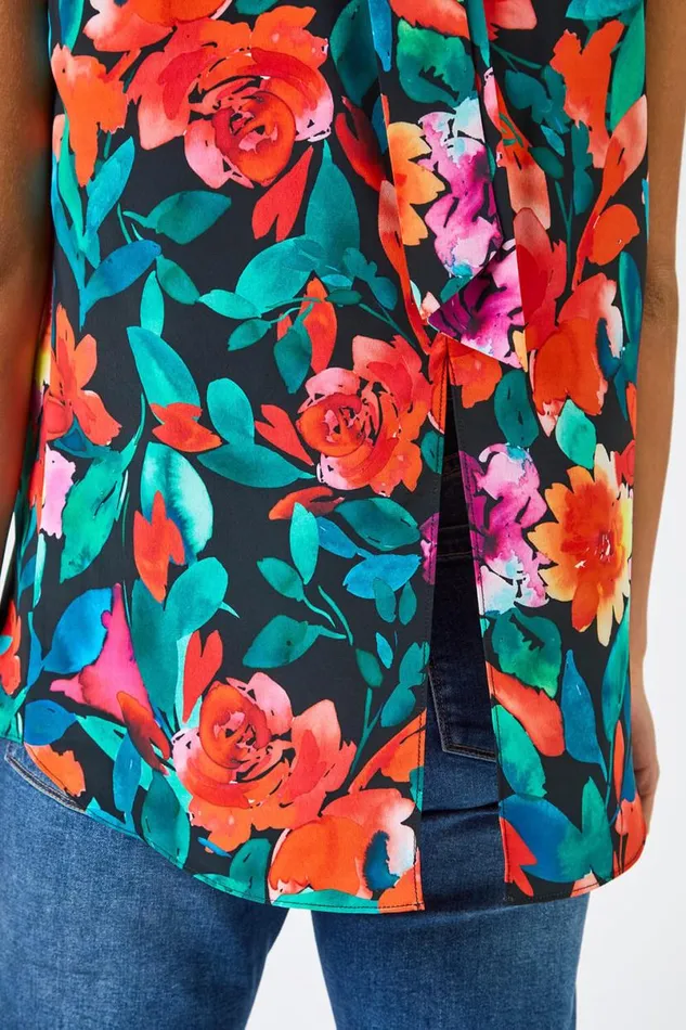 Black Floral Print Tie Detail Blouse Women Roman Tops