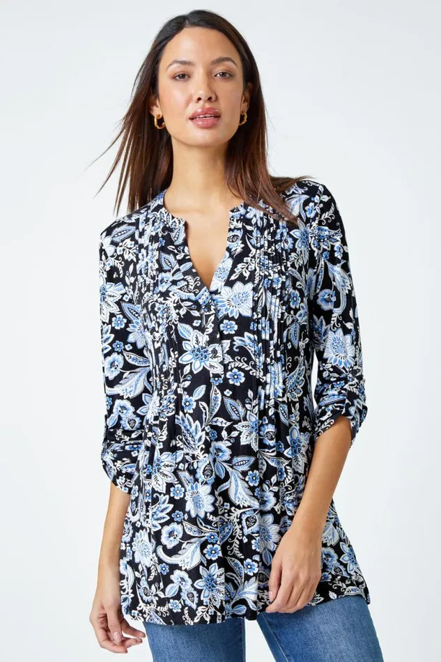 Black Floral Print VNeck Pintuck Stretch Top Women Roman Tops