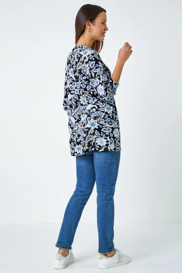 Black Floral Print VNeck Pintuck Stretch Top Women Roman Tops