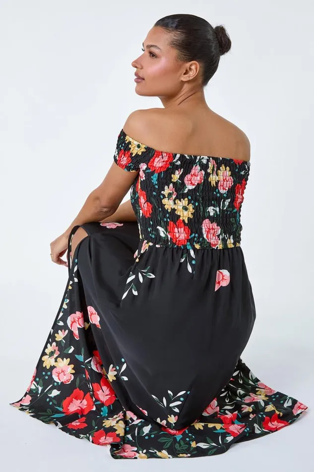 Black Floral Shirred Bardot Maxi Dress Women Roman Dresses