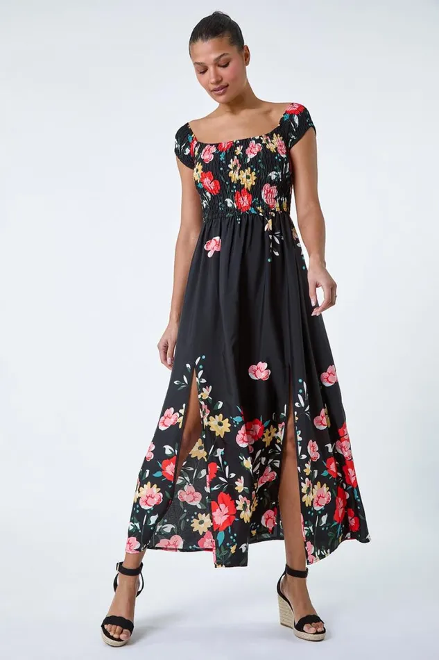 Black Floral Shirred Bardot Maxi Dress Women Roman Dresses