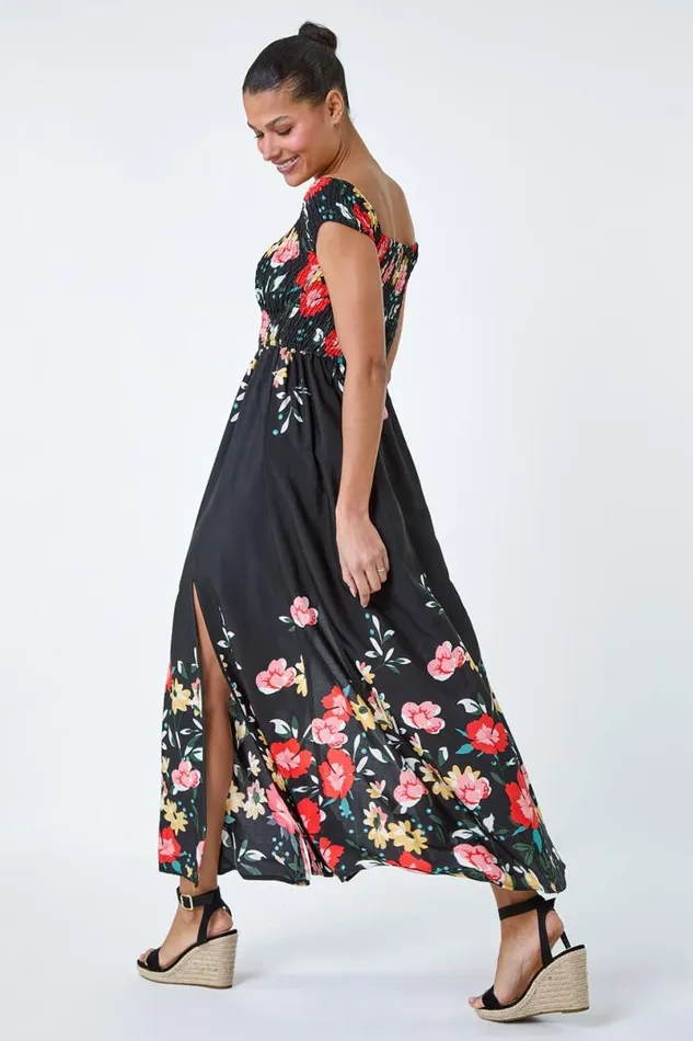 Black Floral Shirred Bardot Maxi Dress Women Roman Dresses