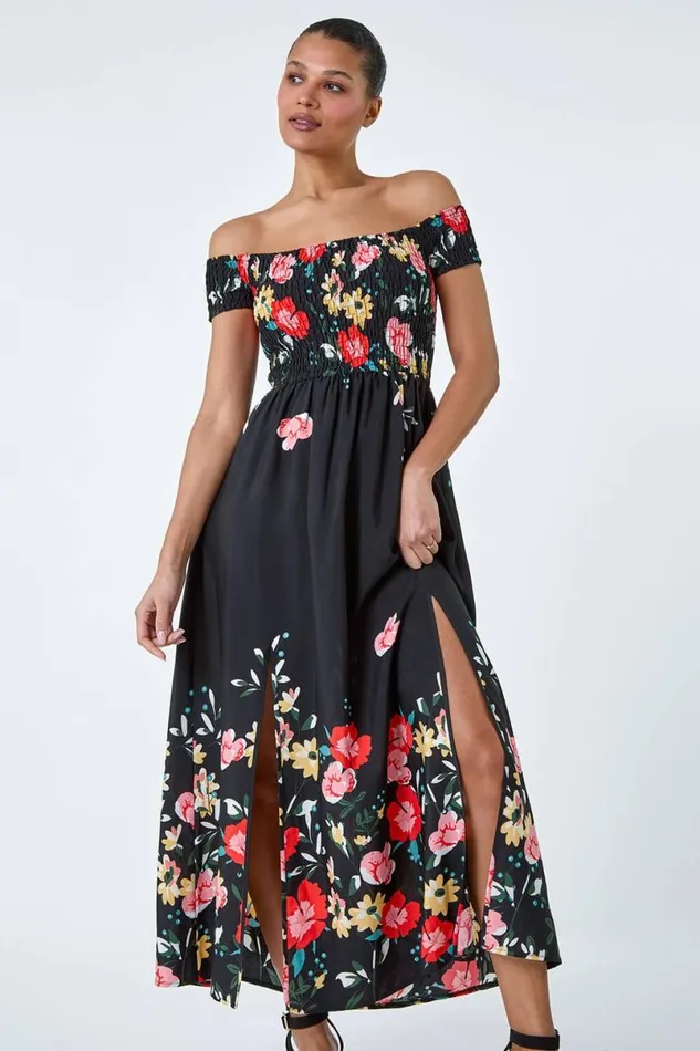 Black Floral Shirred Bardot Maxi Dress Women Roman Dresses