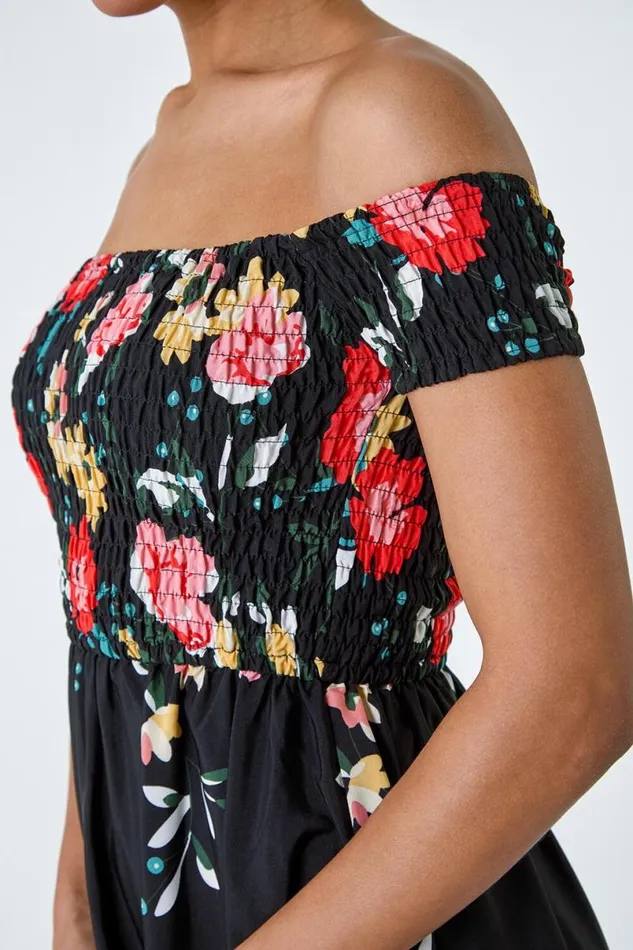 Black Floral Shirred Bardot Maxi Dress Women Roman Dresses