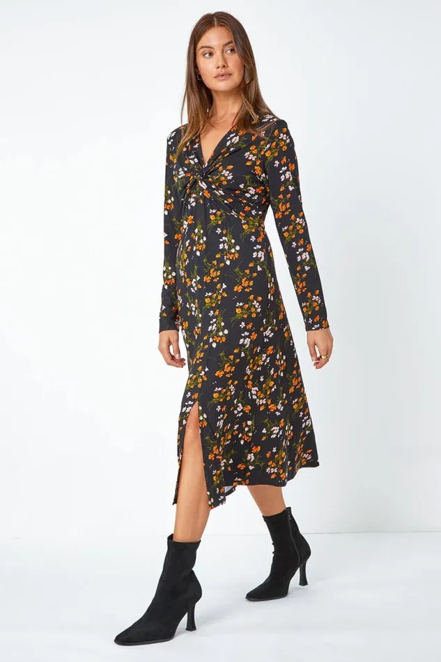 Black Floral Twist Front Midi Stretch Dress Women Roman Dresses