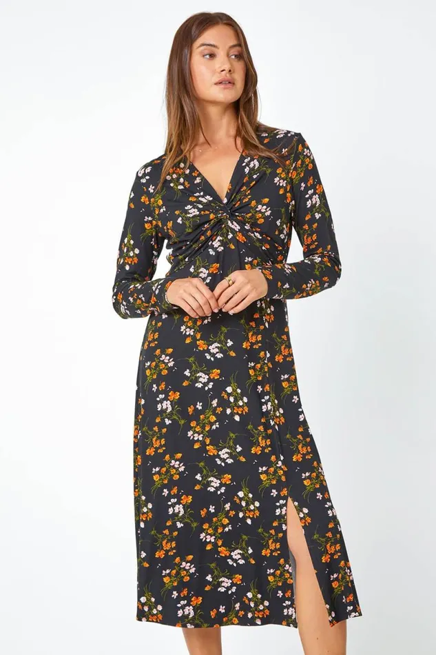 Black Floral Twist Front Midi Stretch Dress Women Roman Dresses