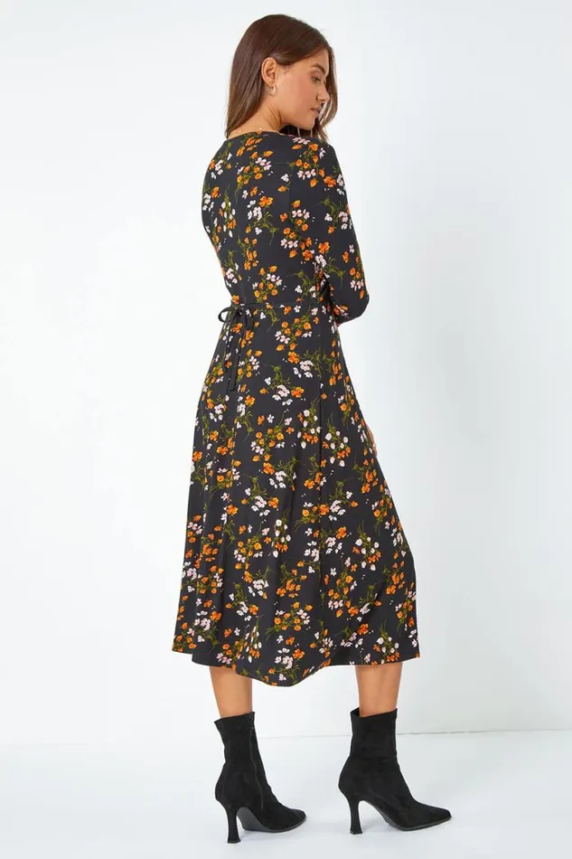 Black Floral Twist Front Midi Stretch Dress Women Roman Dresses