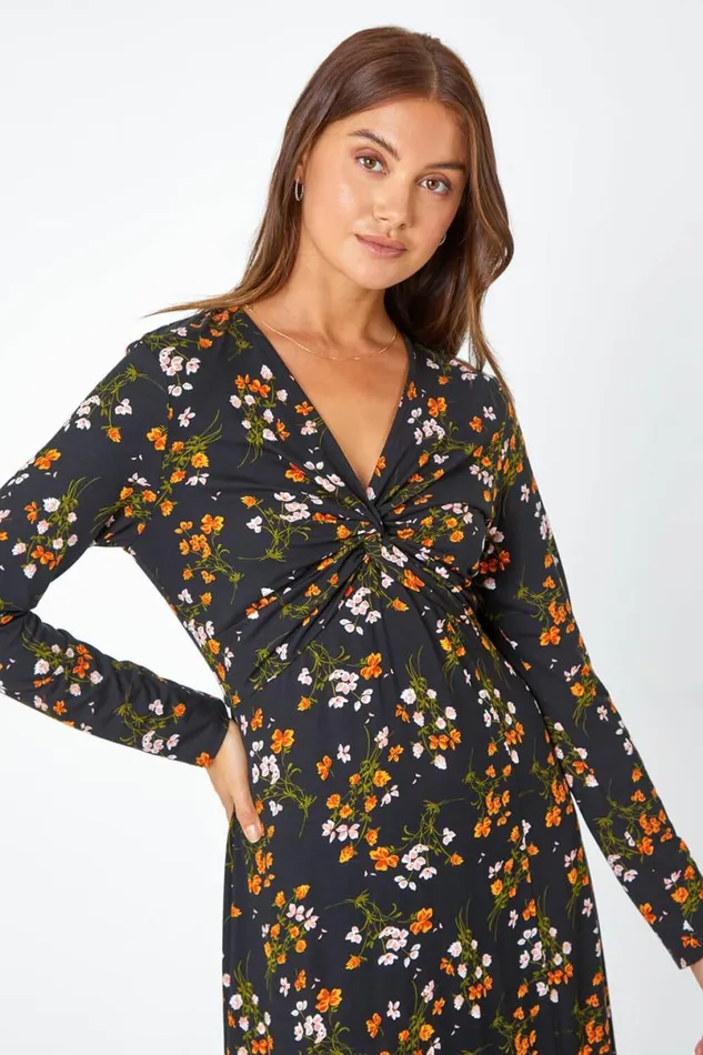 Black Floral Twist Front Midi Stretch Dress Women Roman Dresses