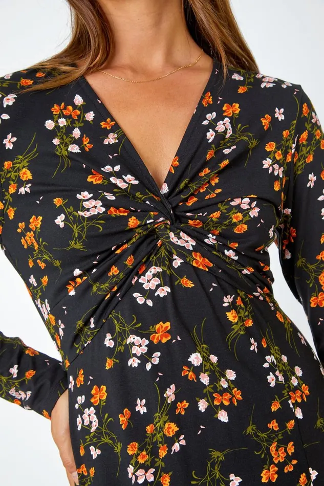 Black Floral Twist Front Midi Stretch Dress Women Roman Dresses