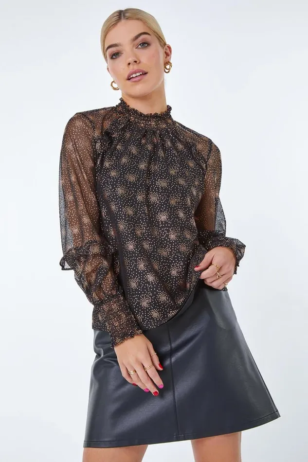Black Foil Star Print Frill Detail Chiffon Top Women Roman Tops