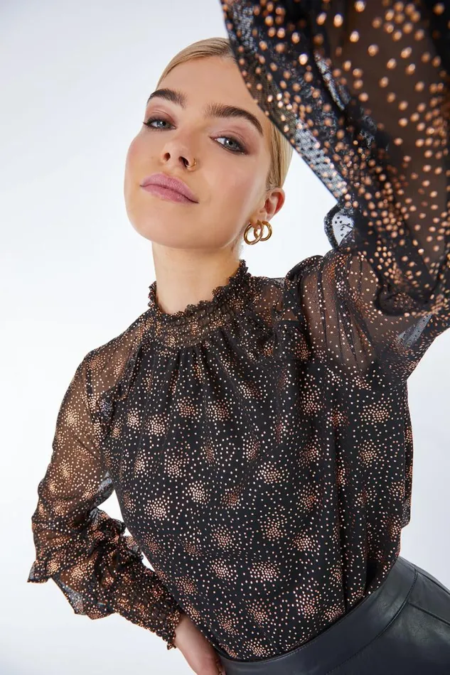 Black Foil Star Print Frill Detail Chiffon Top Women Roman Tops