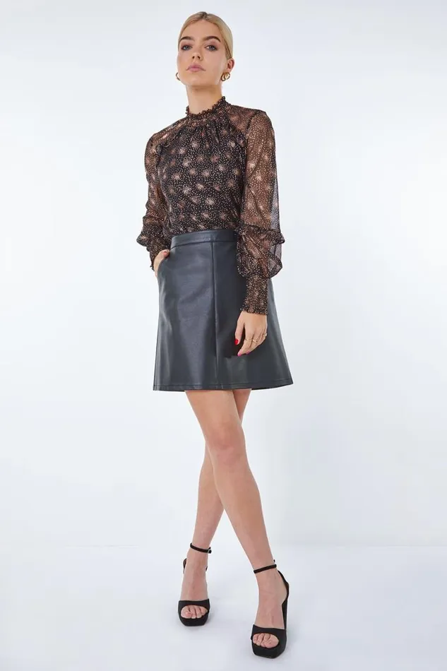 Black Foil Star Print Frill Detail Chiffon Top Women Roman Tops