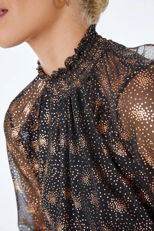 Black Foil Star Print Frill Detail Chiffon Top Women Roman Tops