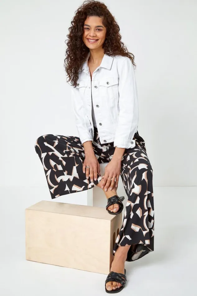 Black Geometric Print Wide Leg Trouser Women Roman Trousers