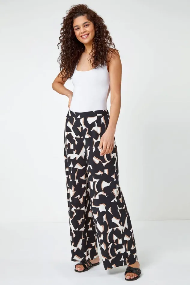 Black Geometric Print Wide Leg Trouser Women Roman Trousers