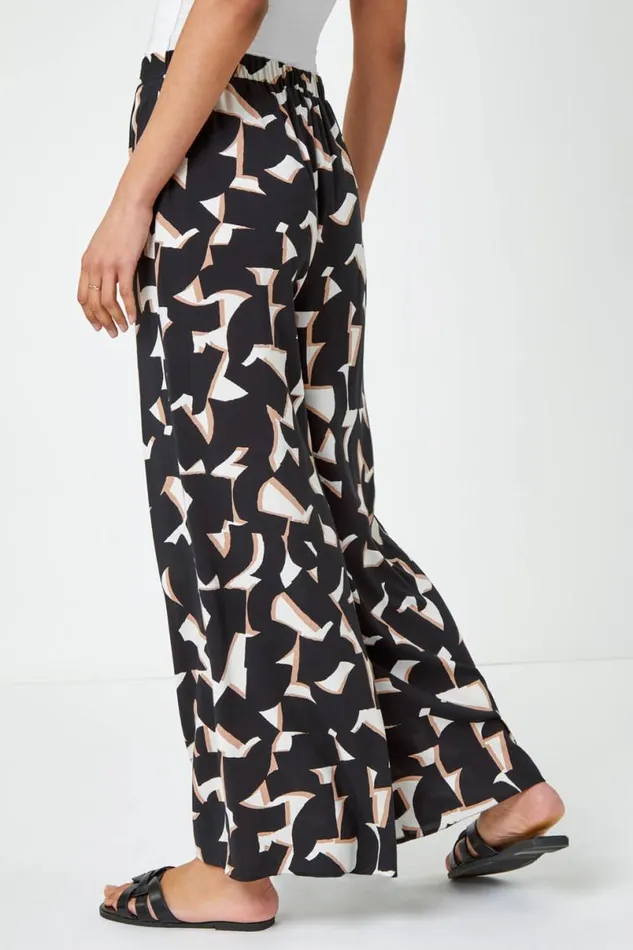 Black Geometric Print Wide Leg Trouser Women Roman Trousers