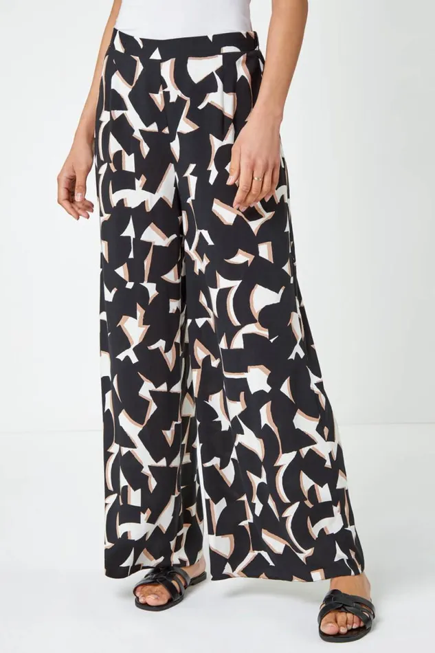 Black Geometric Print Wide Leg Trouser Women Roman Trousers