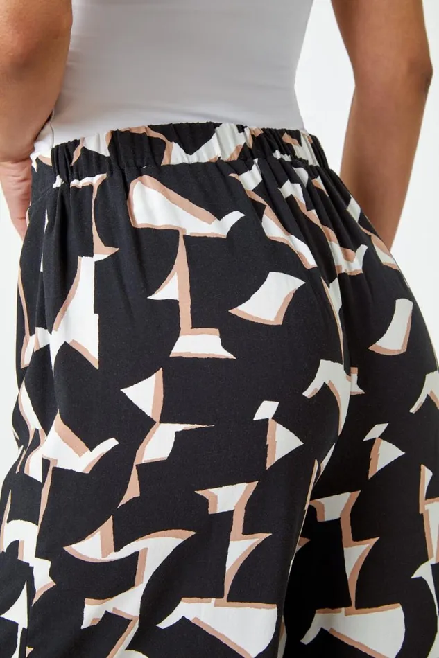 Black Geometric Print Wide Leg Trouser Women Roman Trousers