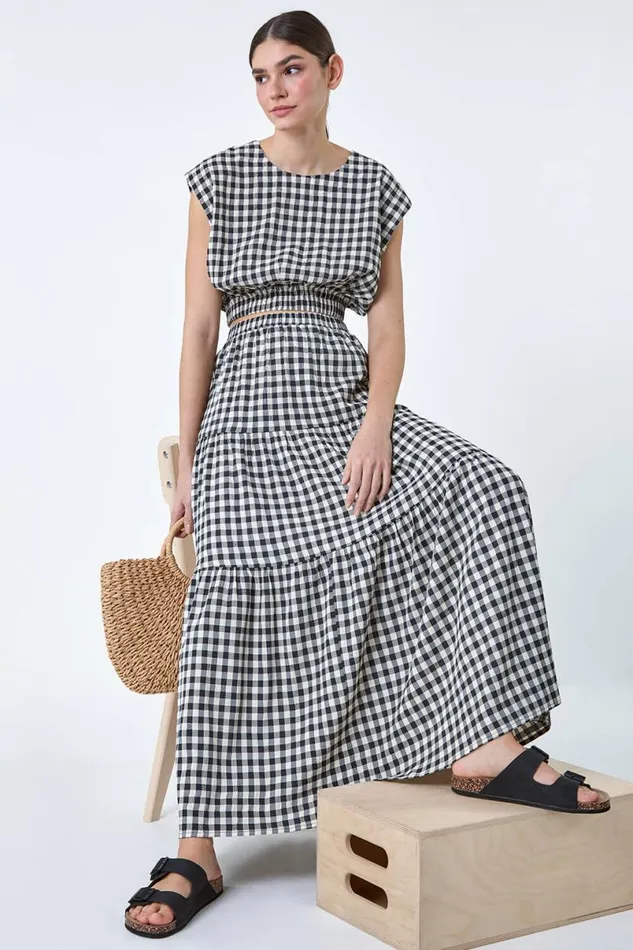 Black Gingham Check Tiered Maxi Skirt Women Roman Skirts