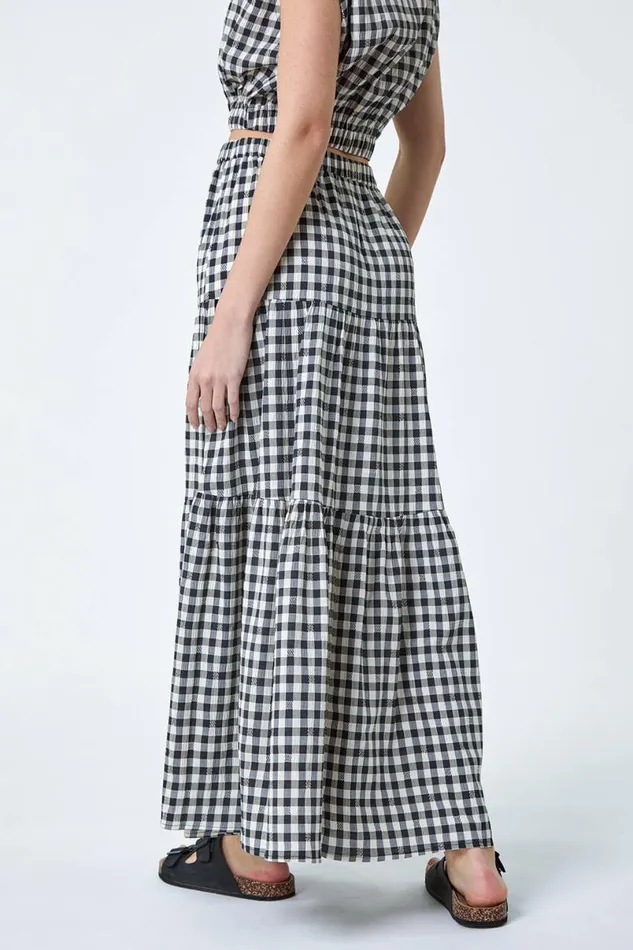 Black Gingham Check Tiered Maxi Skirt Women Roman Skirts