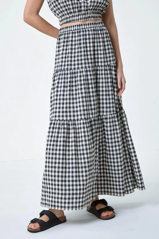 Black Gingham Check Tiered Maxi Skirt Women Roman Skirts