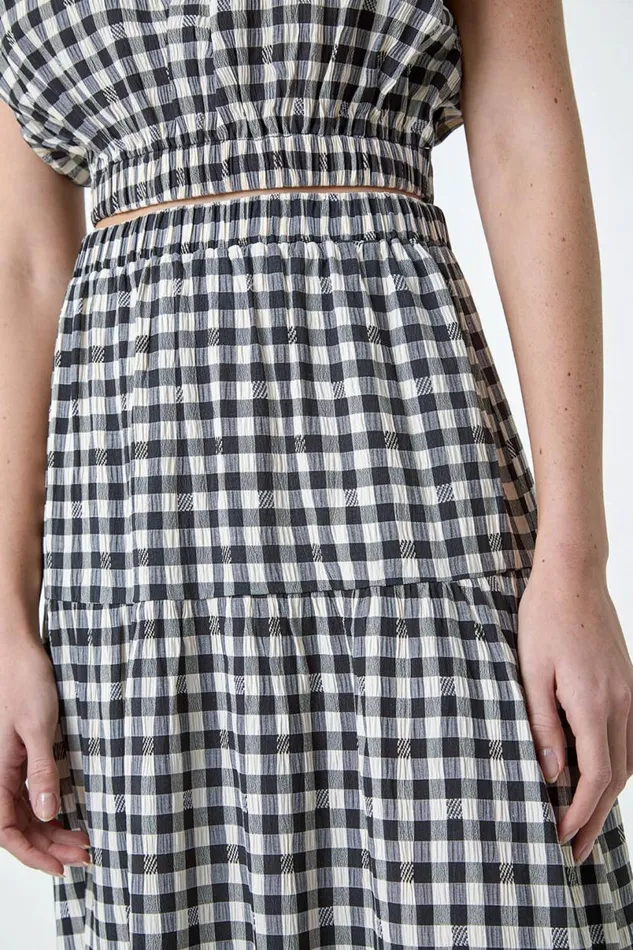 Black Gingham Check Tiered Maxi Skirt Women Roman Skirts