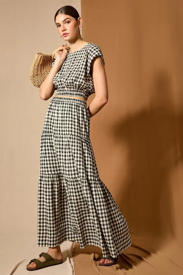 Black Gingham Check Tiered Maxi Skirt Women Roman Skirts