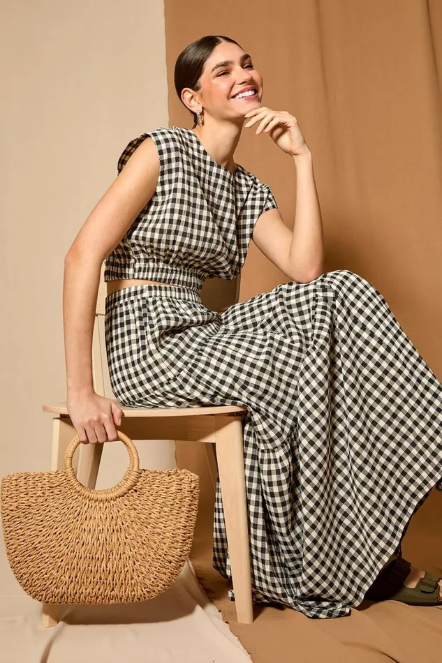 Black Gingham Check Tiered Maxi Skirt Women Roman Skirts