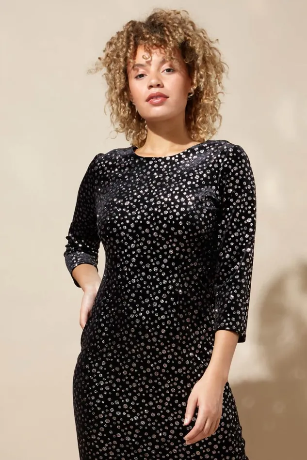 Black Glitter Spot Side Split Maxi Dress Women Roman Dresses