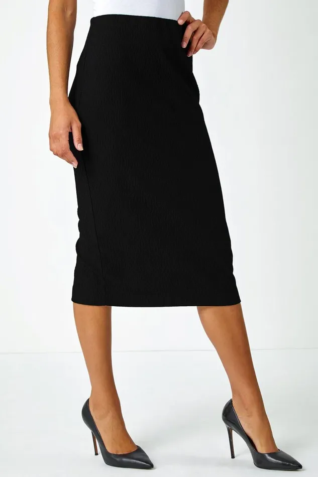 Black Jersey Textured Elastic Waist Pencil Skirt Women Roman Skirts
