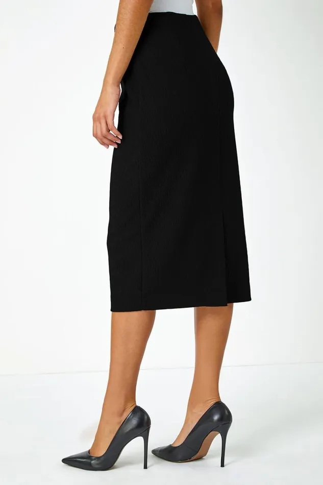 Black Jersey Textured Elastic Waist Pencil Skirt Women Roman Skirts