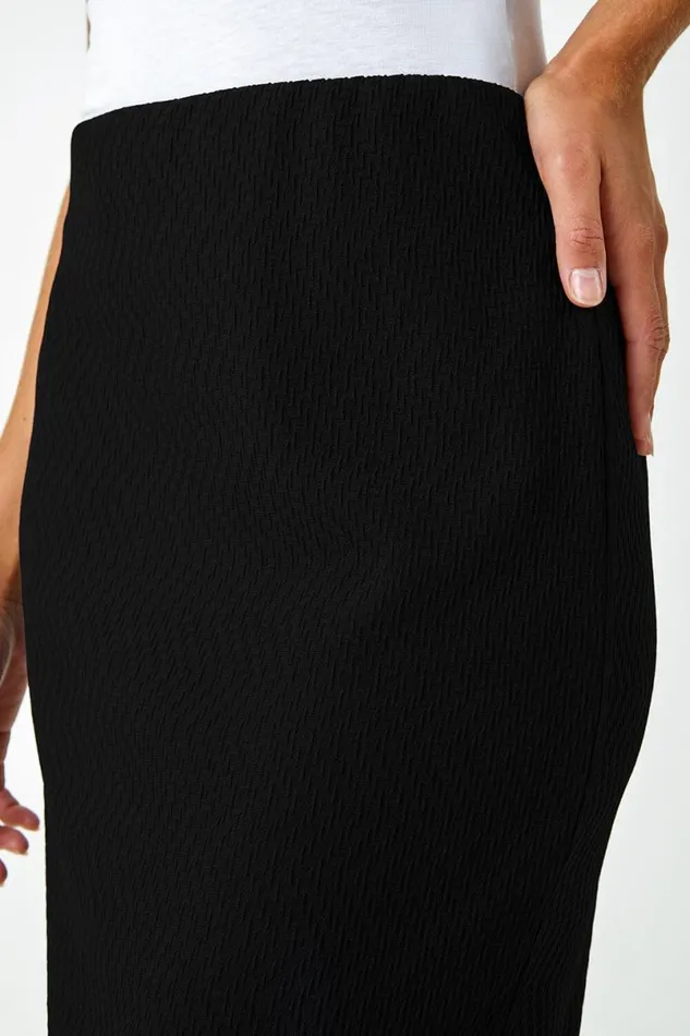 Black Jersey Textured Elastic Waist Pencil Skirt Women Roman Skirts