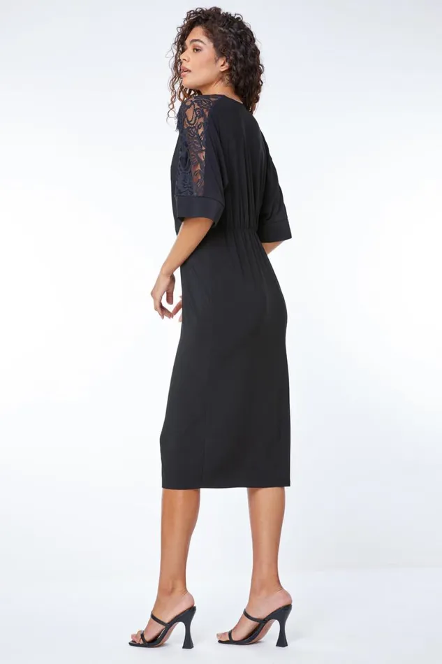 Black Lace Trim Wrap Midi Dress Women Roman Dresses