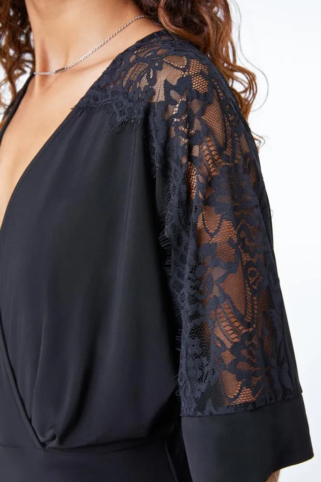 Black Lace Trim Wrap Midi Dress Women Roman Dresses