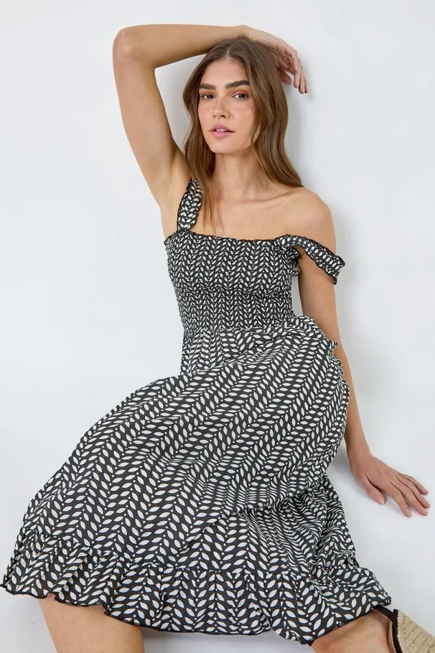 Black Leaf Print Shirred Cotton Midi Dress Women Roman Dresses