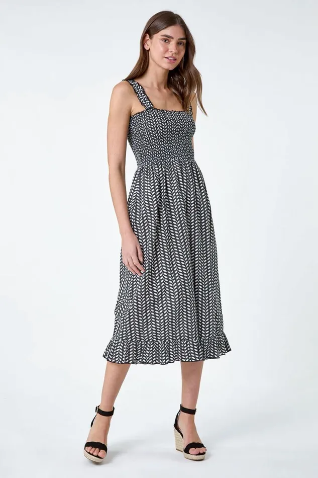 Black Leaf Print Shirred Cotton Midi Dress Women Roman Dresses