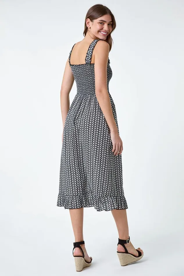 Black Leaf Print Shirred Cotton Midi Dress Women Roman Dresses