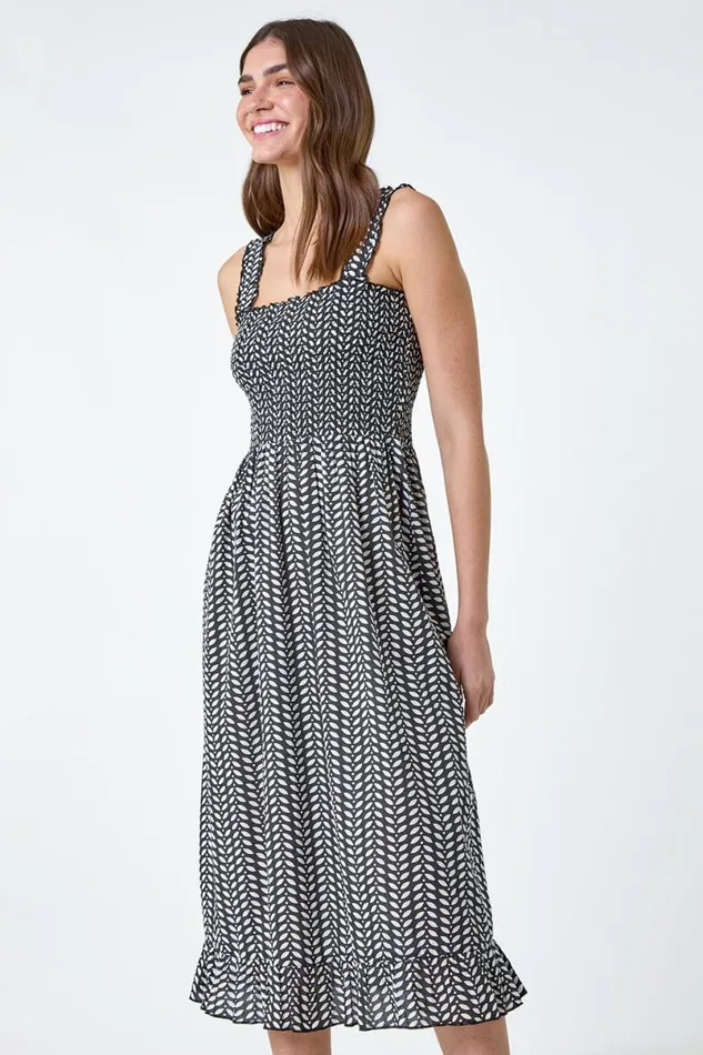 Black Leaf Print Shirred Cotton Midi Dress Women Roman Dresses