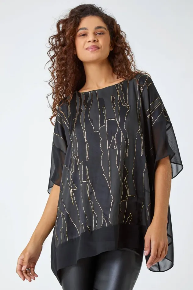 Black Metallic Foil Print Chiffon Overlay Top Women Roman Tops