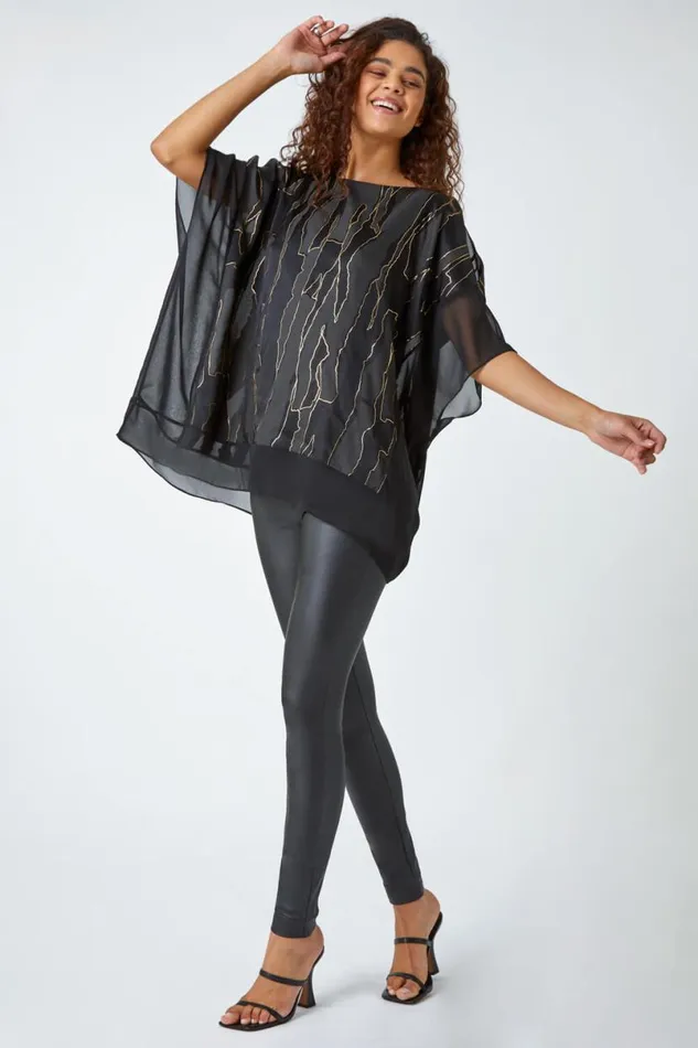Black Metallic Foil Print Chiffon Overlay Top Women Roman Tops