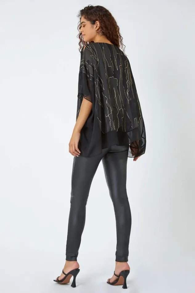 Black Metallic Foil Print Chiffon Overlay Top Women Roman Tops