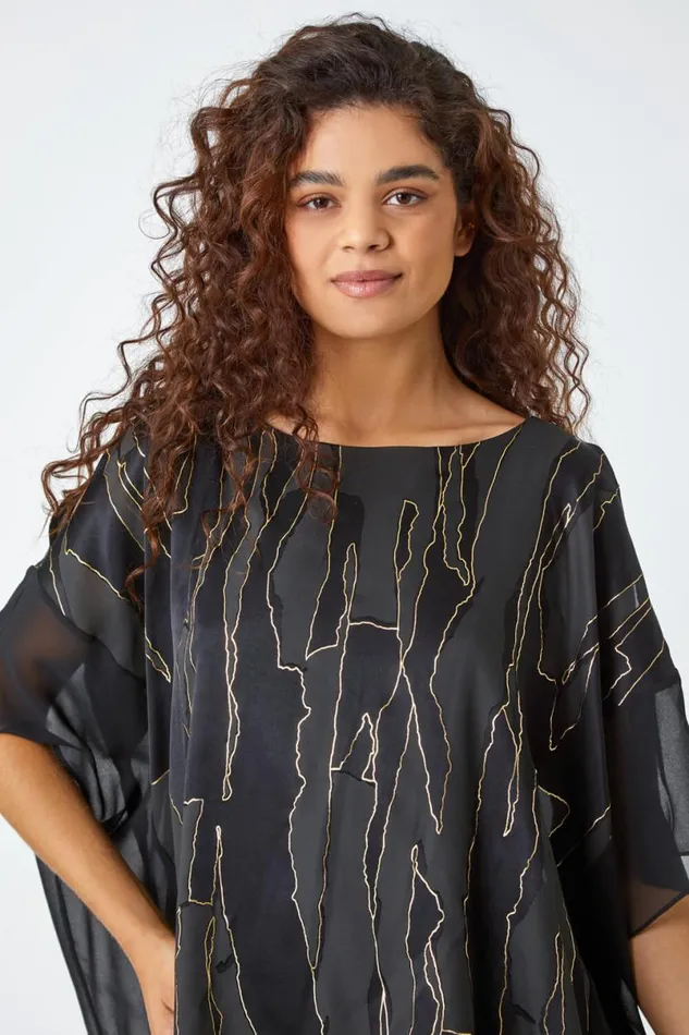 Black Metallic Foil Print Chiffon Overlay Top Women Roman Tops